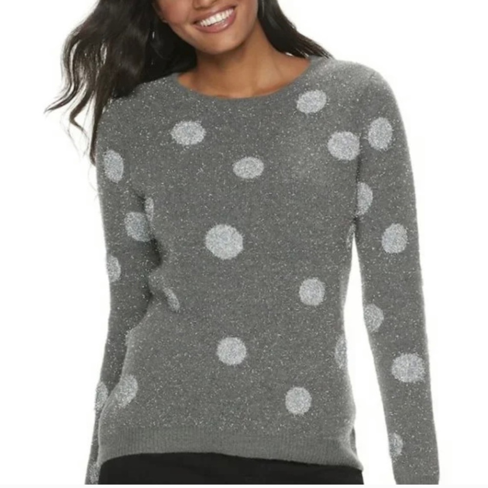 NWT Gray sparkle dust polkadot knit crewneck sweater size medium petite APT 9 - Picture 1 of 8